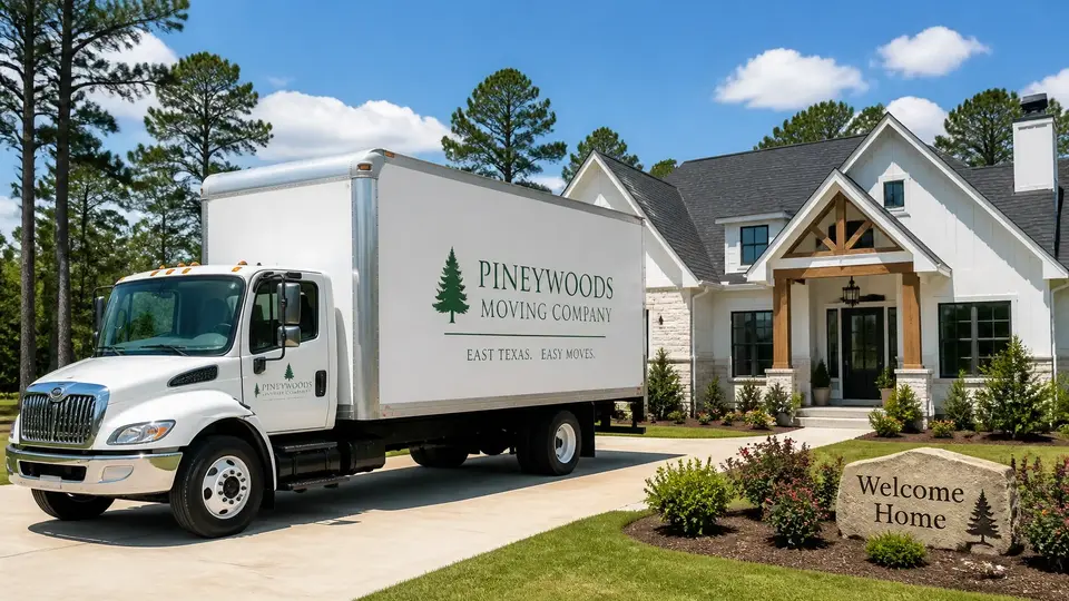 A Pineywoods Moving Company truck is parked in the driveway of a beautiful, modern East Texas farmhouse.