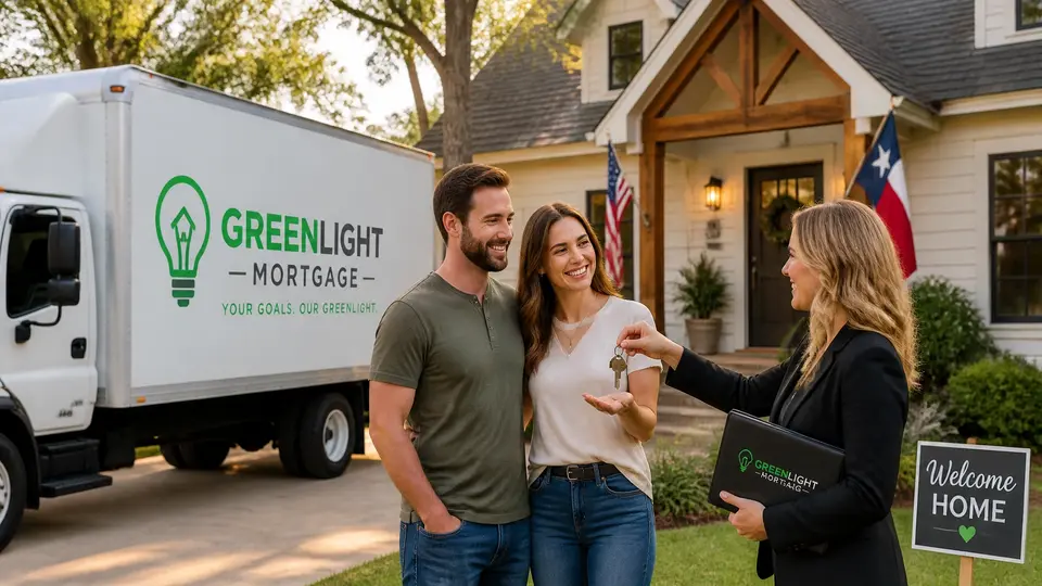 A Greenlight Mortgage free moving truck parked in front of a new home