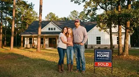 The Walker family standing happily in front of their new East Texas home after a successful closing.