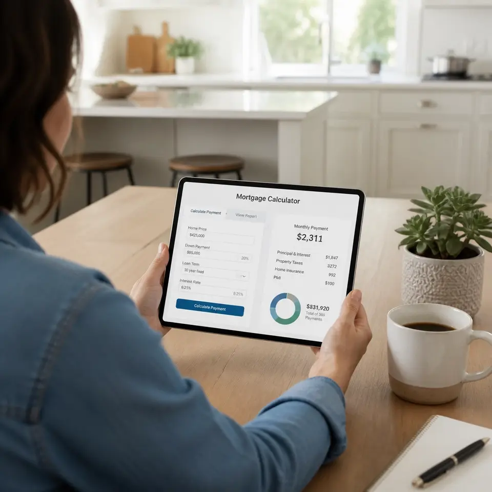 A person using a mortgage calculator on a tablet in a bright, modern kitchen.