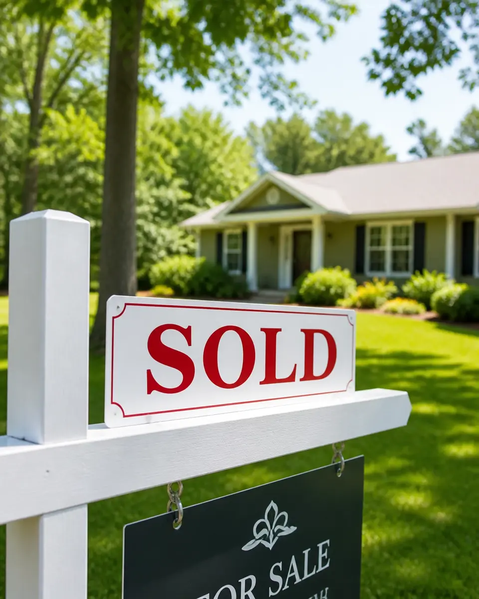A 'SOLD' sign in a beautiful front yard, representing a successful home purchase.