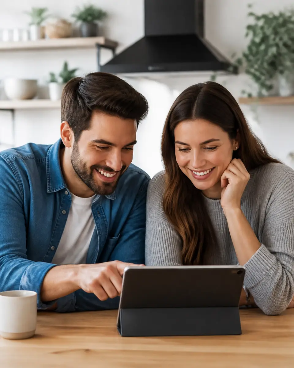 A young couple happily reviewing their finances and using a mortgage calculator on a tablet in their bright kitchen.