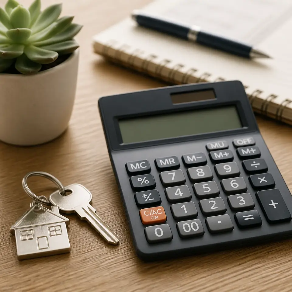 A calculator on a wooden desk next to house keys and a small plant, signifying financial planning and homeownership
