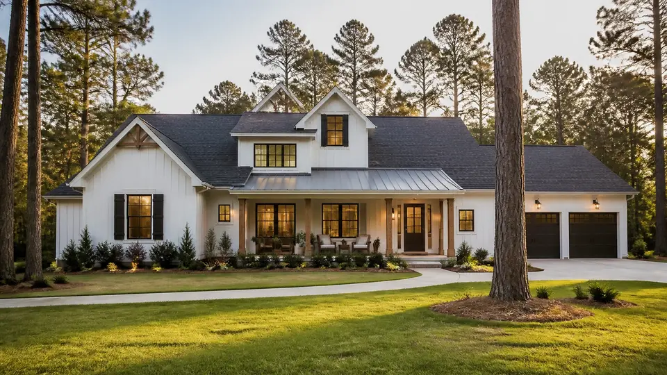 A happy family standing in front of their new home in a green, tree-lined neighborhood