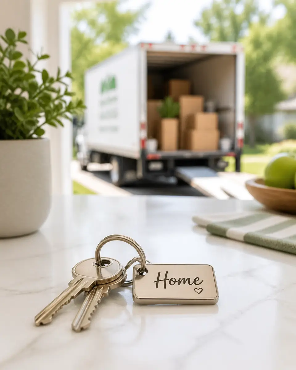 House keys on a counter with a moving truck in the background