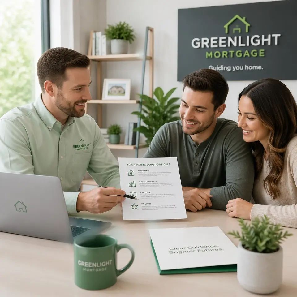 A friendly mortgage consultant at Greenlight Mortgage explaining documents to a smiling young couple.