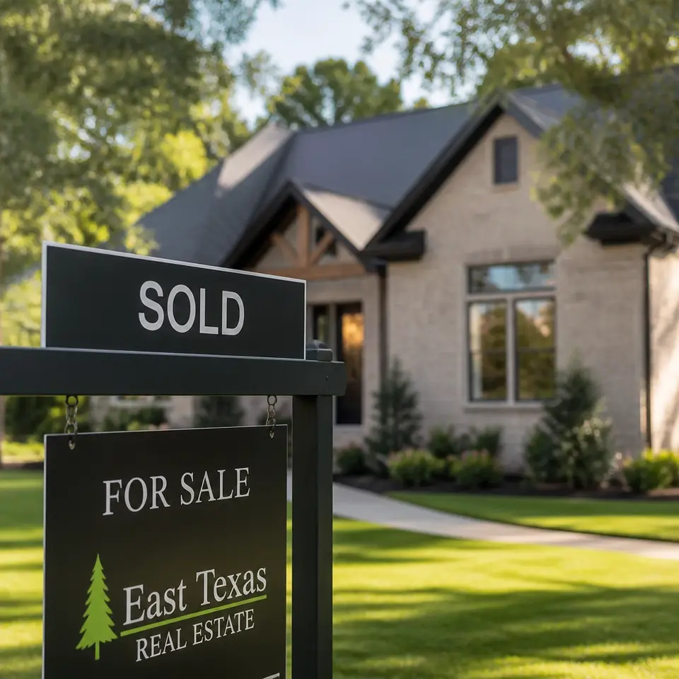 A 'Sold' sign in front of a beautiful East Texas home, signifying a successful purchase