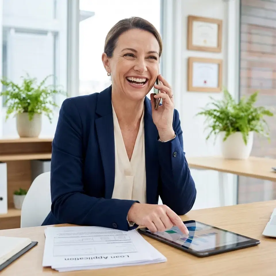 An expert loan officer at Greenlight Mortgage during a cheerful client consultation, showing our personalized approach to the mortgage process