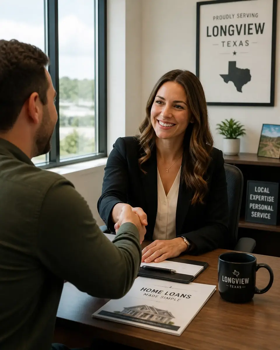 A Longview loan officer shakes hands with a client, signifying a successful partnership in a professional office.