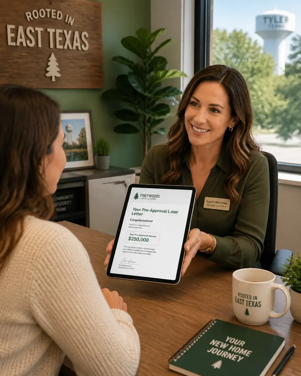 A loan officer in a Tyler office presenting a pre-approval letter to a client, emphasizing the personalized local service