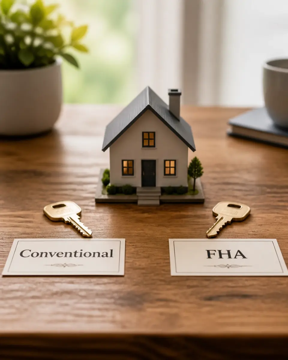 Conceptual image of keys and house models labeled Conventional and FHA.