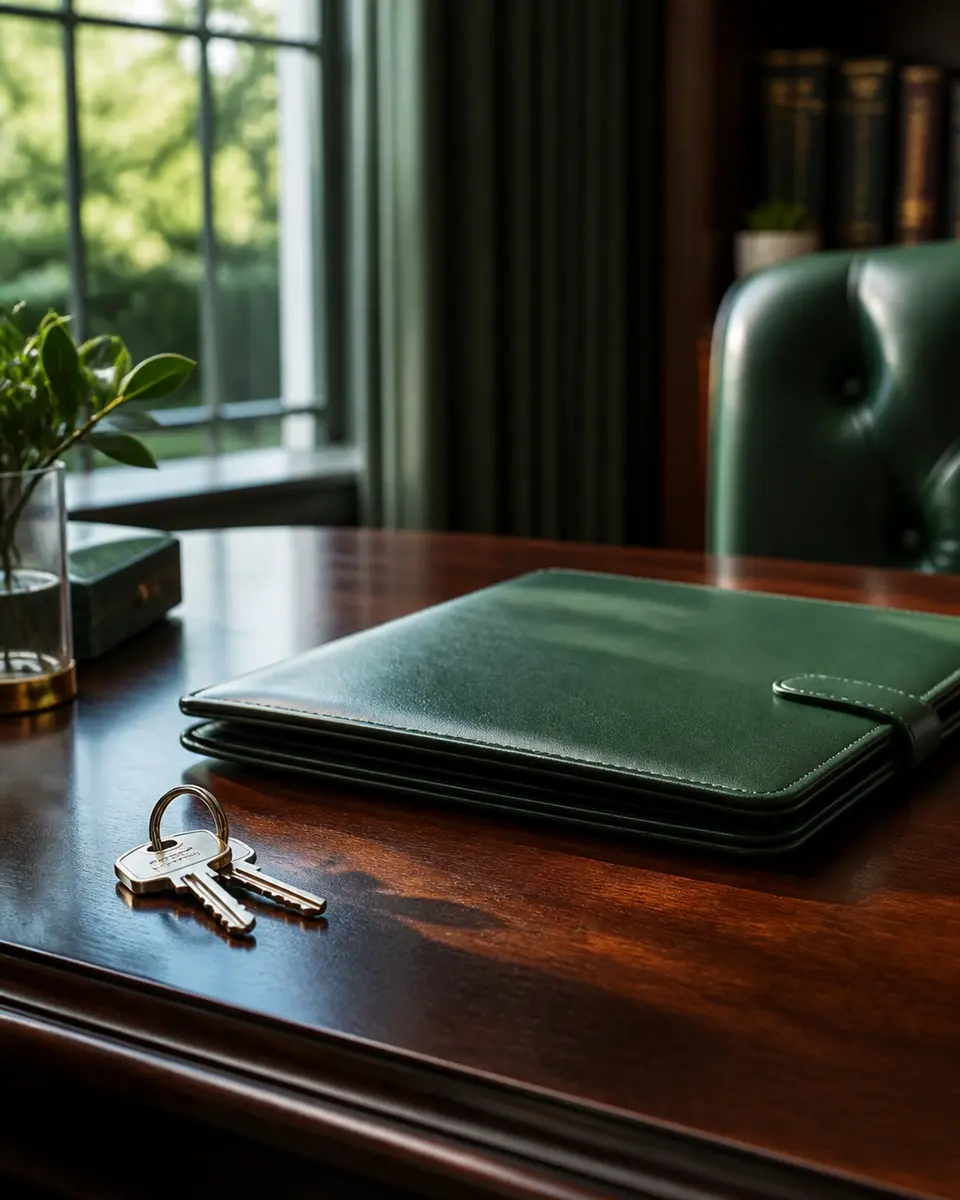 Successful mortgage closing tools on a mahogany desk