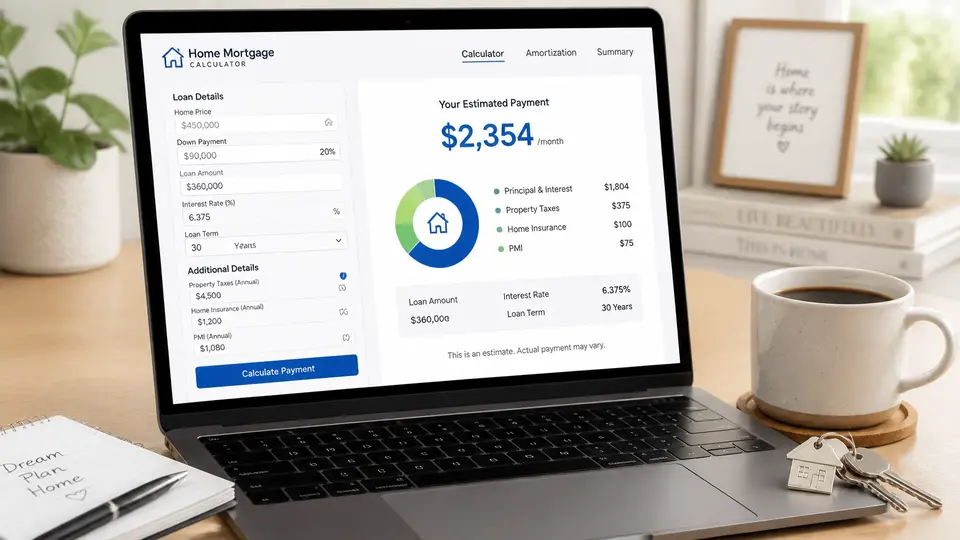 A close-up of a laptop screen showing a mortgage calculator interface next to house keys and a cup of coffee.