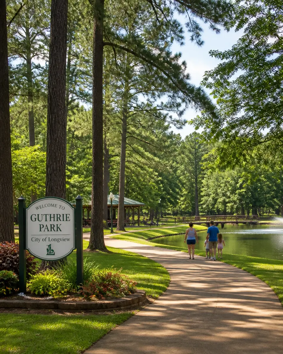 A scenic view of an East Texas park with families and tall pine trees