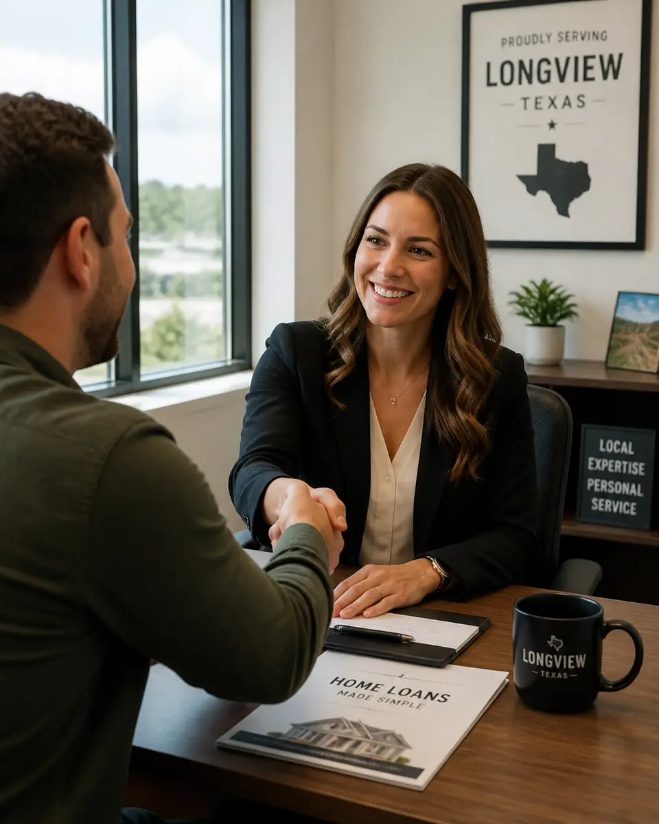 A friendly Greenlight Mortgage loan officer shaking hands with a happy client in a professional Longview office.