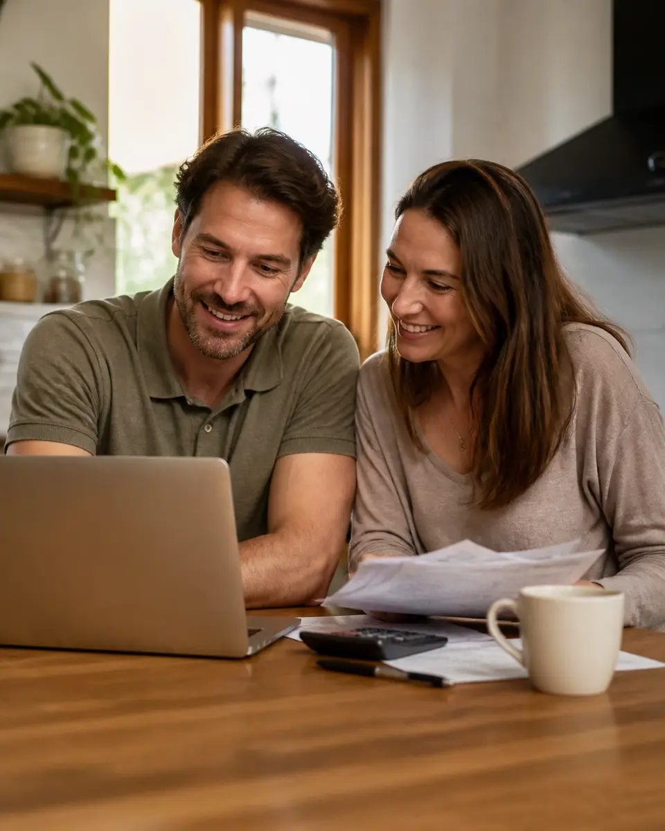 A couple sitting at a wooden table in a sunlit room, looking at a laptop and documents with a sense of relief and hope