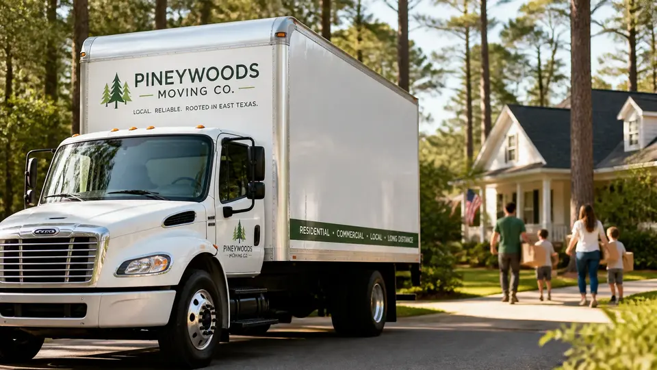 A professional moving truck in a peaceful East Texas neighborhood.