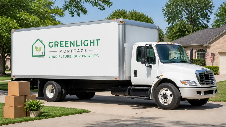 A white moving truck in a Longview, Texas neighborhood driveway.