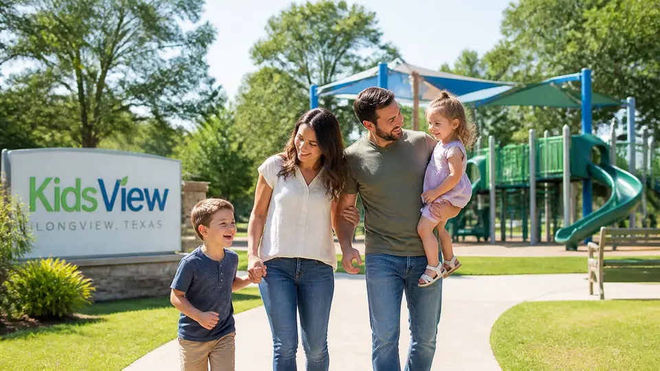 A happy family playing near the KidsView Playground in Longview, Texas