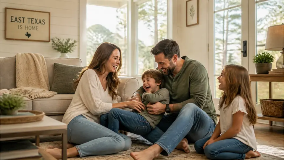 A family laughing and playing together in their bright, airy East Texas living room.