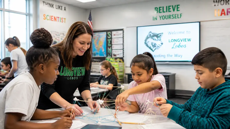 A diverse group of elementary students engaged in a hands-on STEM project in a Longview classroom