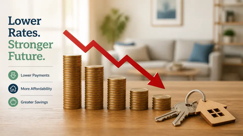 An educational scene showing symbols of saving money and lower mortgage rates with house keys.