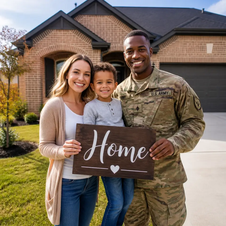 A military family standing happily in front of a new brick home in a residential neighborhood of Longview, Texas.