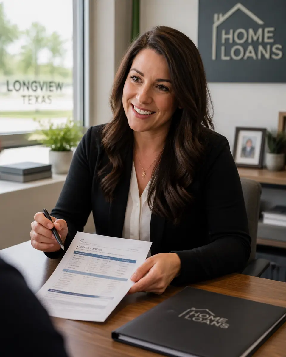 A friendly mortgage consultant explaining documents to a client in a welcoming office.