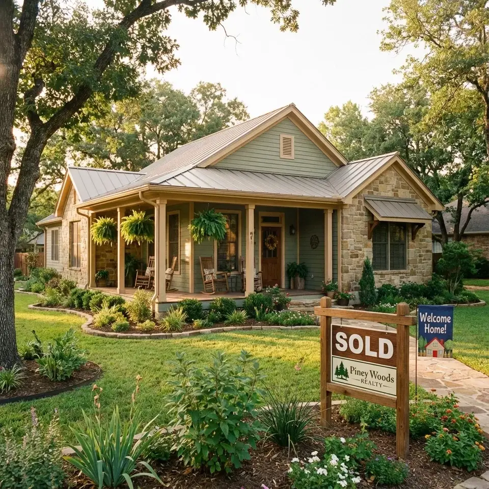 A single-story East Texas cottage with a sold sign, representing the affordable and charming housing market in Longview.