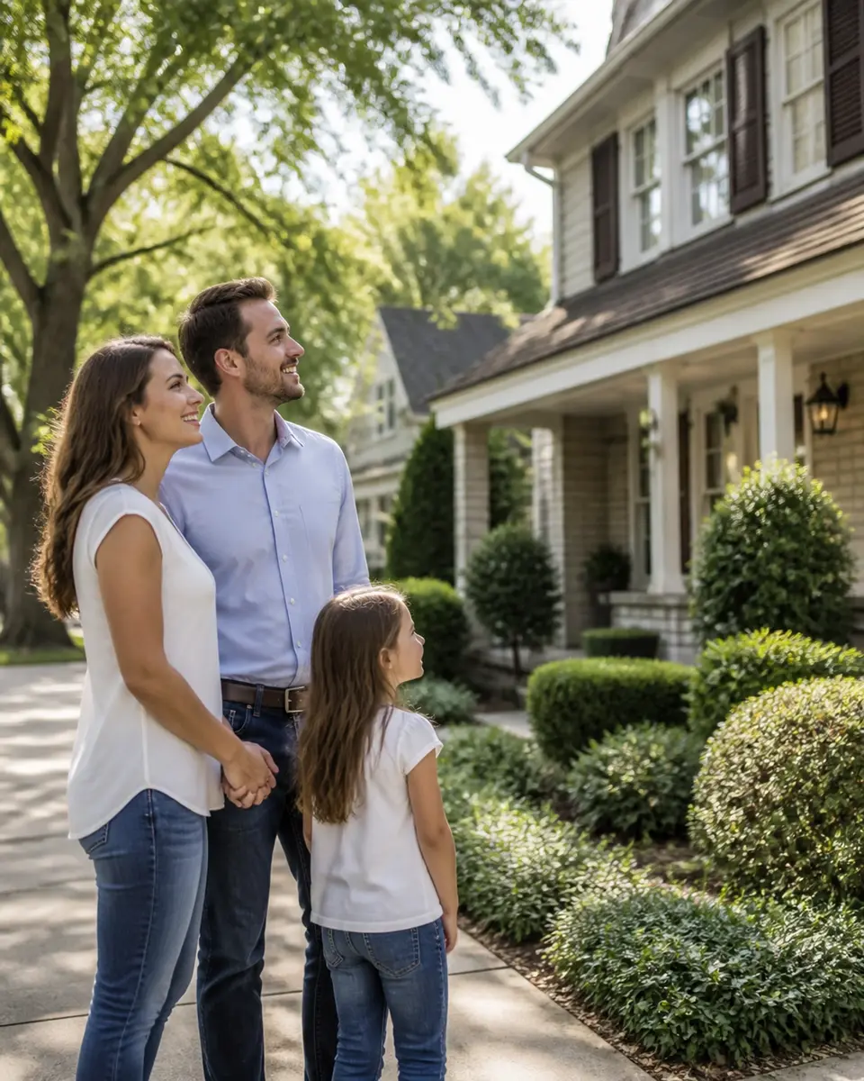 A happy family looking at potential homes in an East Texas neighborhood
