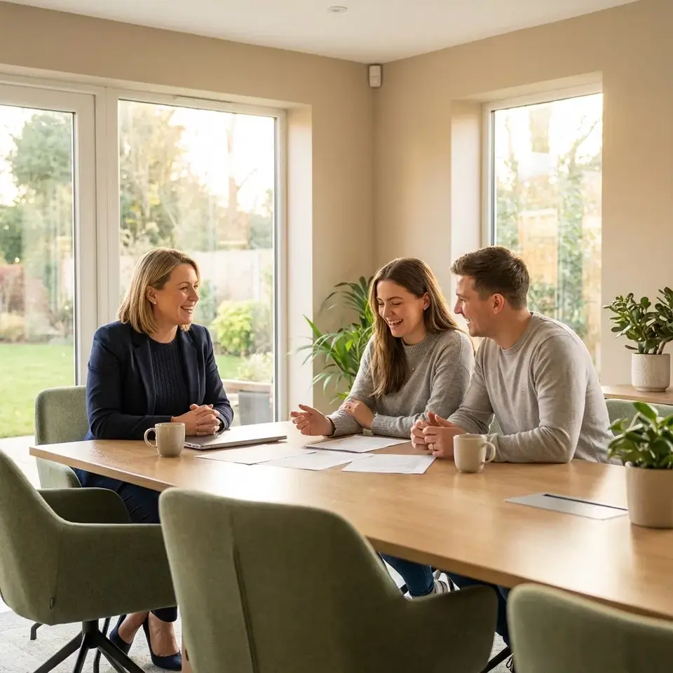A professional Greenlight Mortgage consultant meeting with a young couple in a bright, welcoming office to review their home loan options