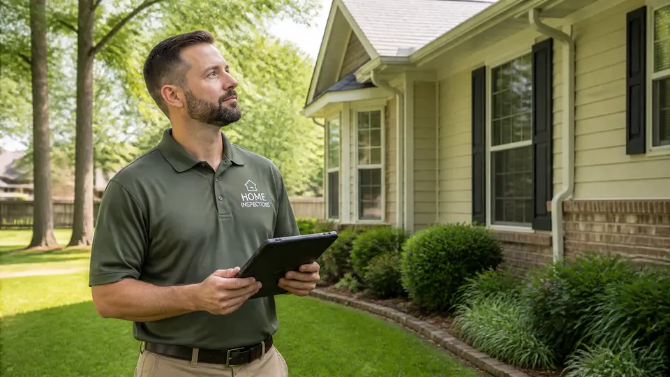 A professional home inspector checking the exterior of an East Texas home.