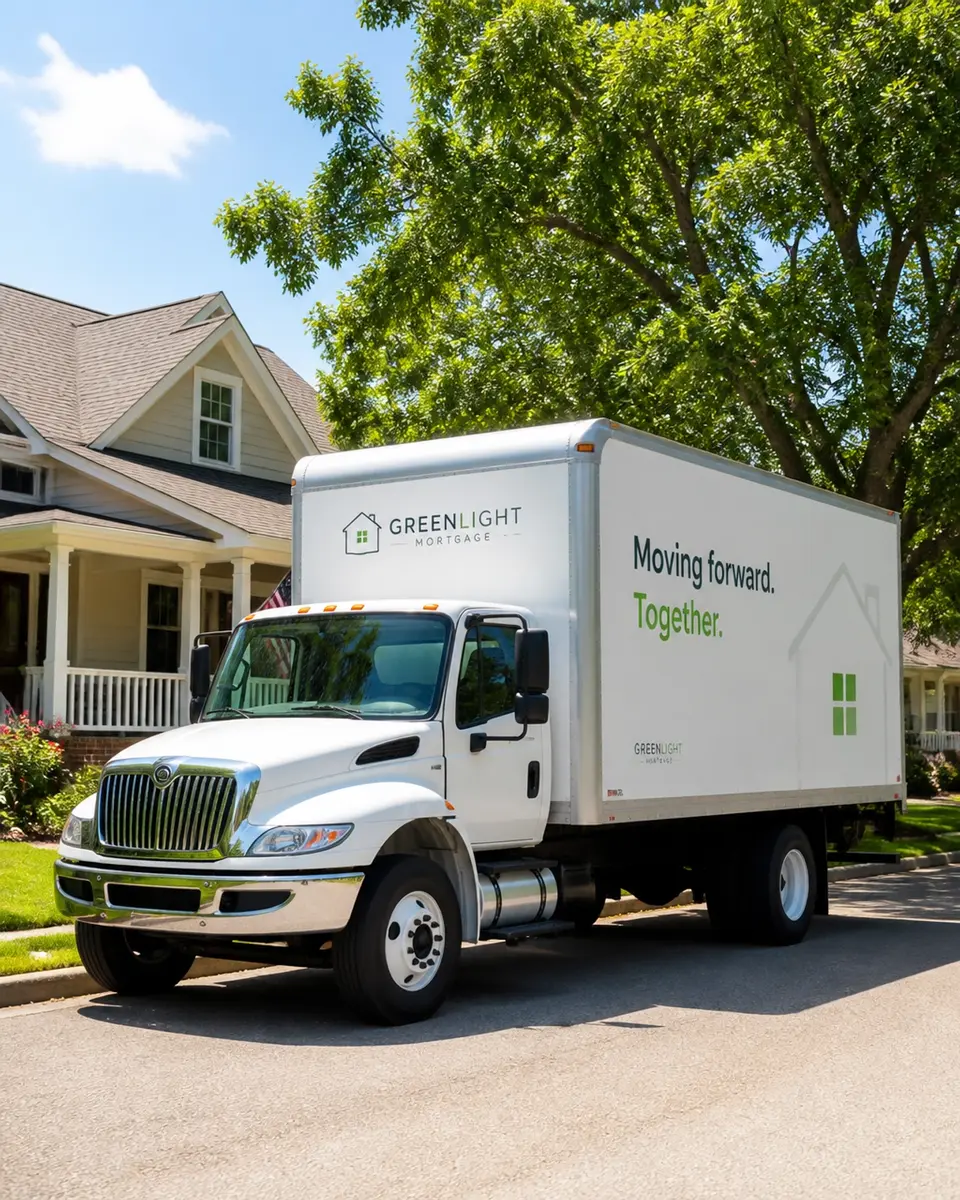 The Greenlight Mortgage free moving truck in a local neighborhood