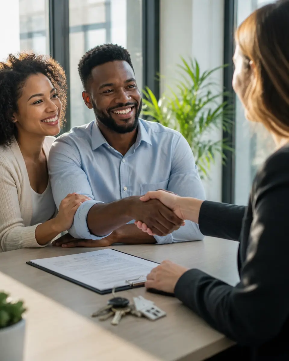 A diverse couple shaking hands with a mortgage professional in a sun-drenched office.