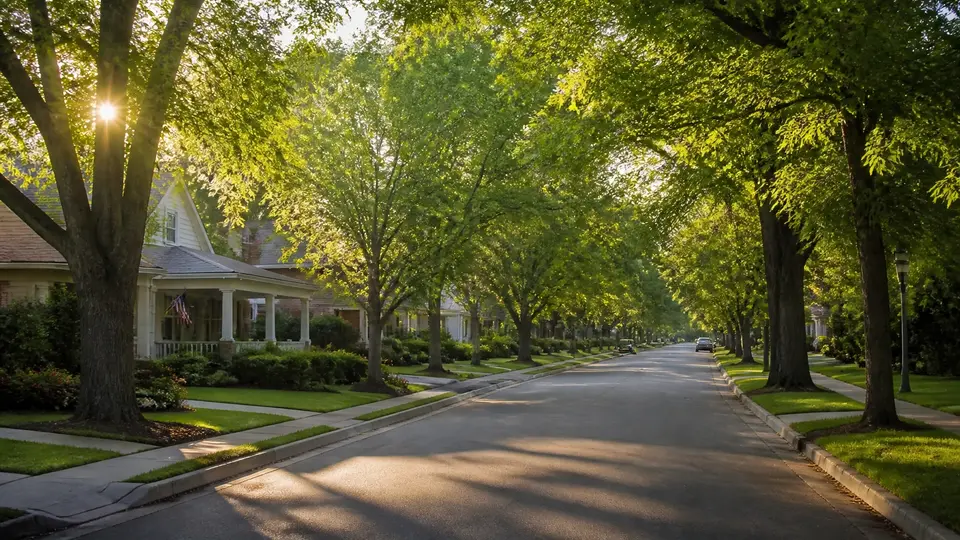 A scenic view of a quiet, green residential street in Longview, Texas under soft natural sunlight