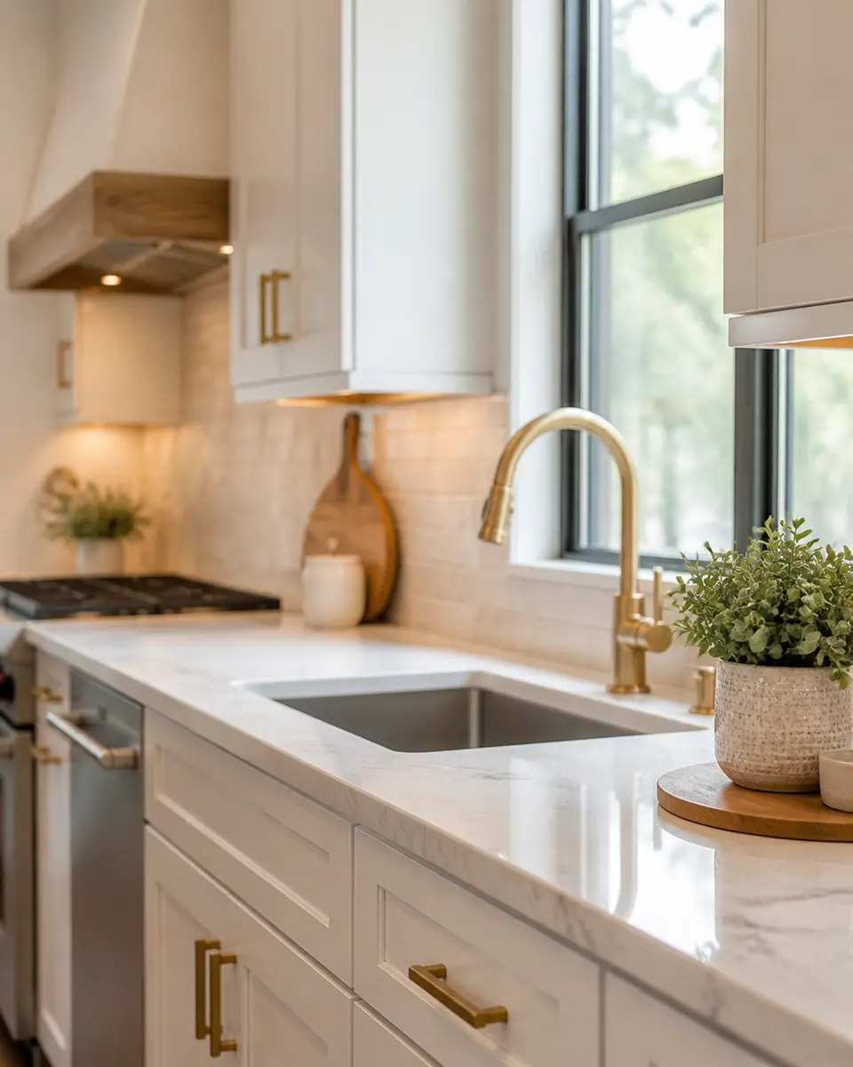 A close-up shot of a modern kitchen renovation featuring white cabinets, marble countertops, and natural light
