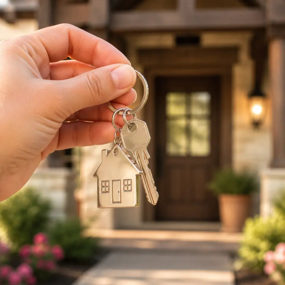A person's hand holding a new set of house keys with a house-shaped keychain.