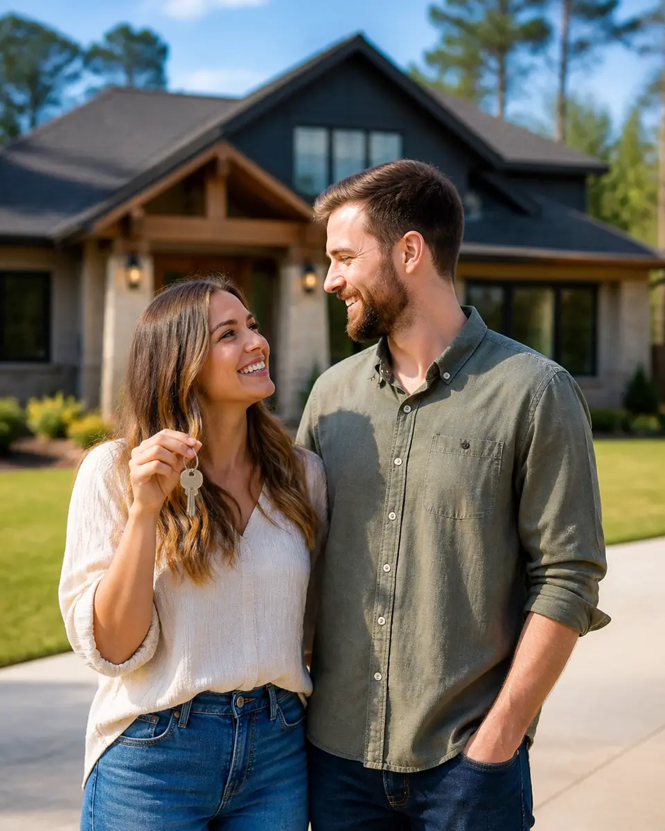 A happy couple celebrating their new home in an East Texas neighborhood.